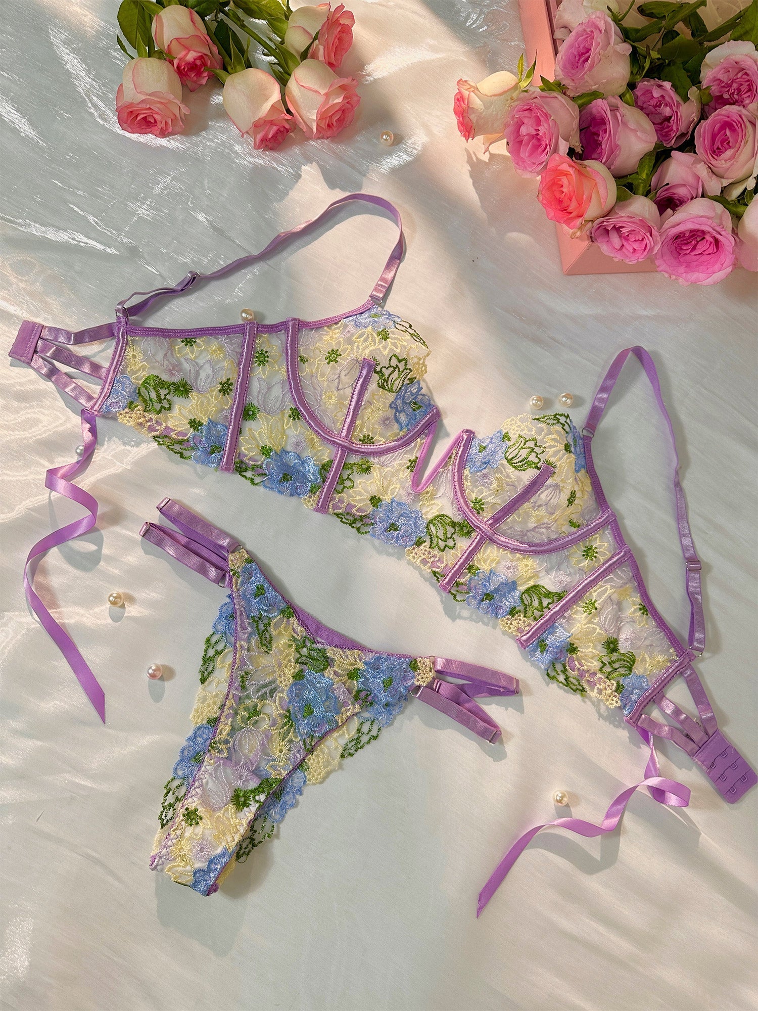 Purple Florals Embroidery Bustier Lingerie Set For Women Hello.LA.Girl
